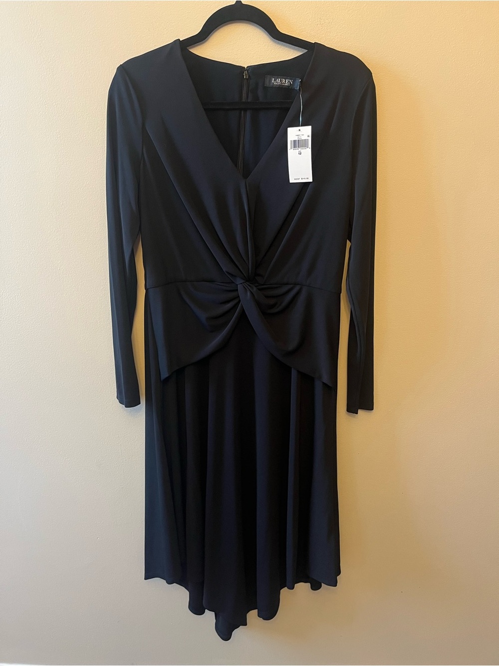 NWT $145 Lauren Ralph Lauren Long Sleeve Twist Front Dress Women's Size 12 Black